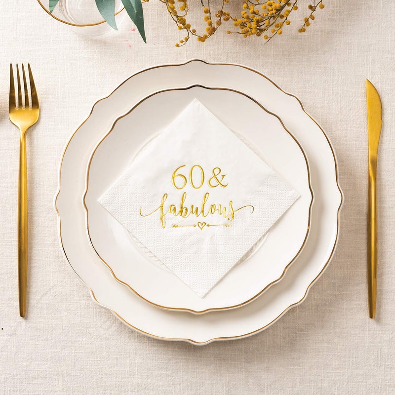 Crisky 3-Ply 60 and Fabulous Cocktail Napkins Gold for Women 60th Birthday Decorations, 60th Birthday Bevergae Dessert Table Supplies, 50Pcs - Image 2
